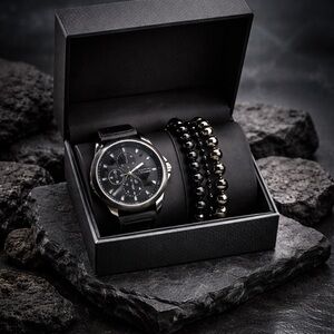 American Exchange Men's Black Rubber Strap Watch 46mm Gift Set